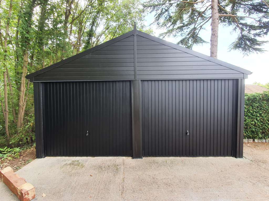 Twin Up and Over Garage Door Replacement Double Garage Door replacement with Black Canopy Garage Doors
