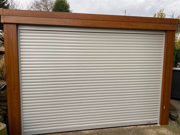 Light Grey Roller Garage Door Light Grey Roller Garage Door with Rosewood Finishes