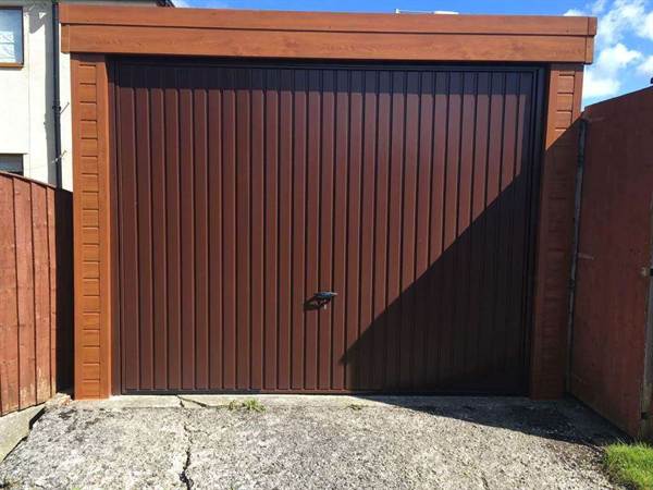 Vertical Lined Garage Door with Oak Effect Cladding Brown Vertical Garage Door with Oak Effect Cladding