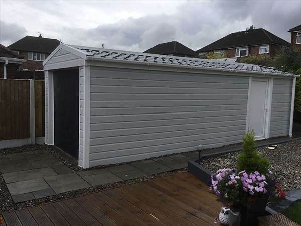 Fully Cladded Apex Garage with Tile Effect Roof and Cladding Apex Garage with Grey Cladding and Tile Effect Roofing Panels
